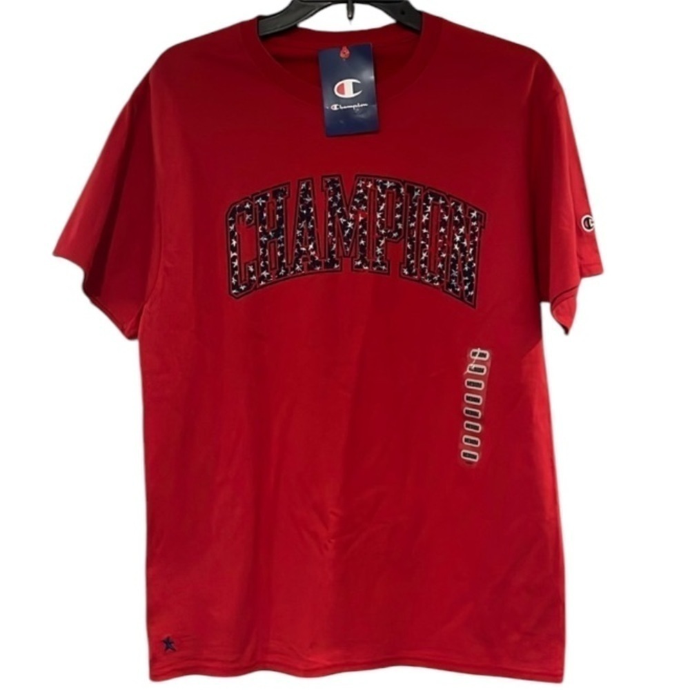 🆕 Men’s Patriotic Champion Red Tee with Blue Letters and White Stars Size M - Picture 1 of 9